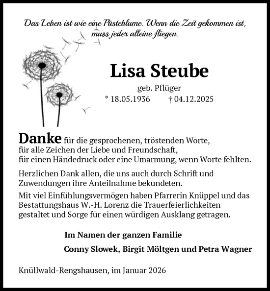 Traueranzeige von Lisa Steube von HNA