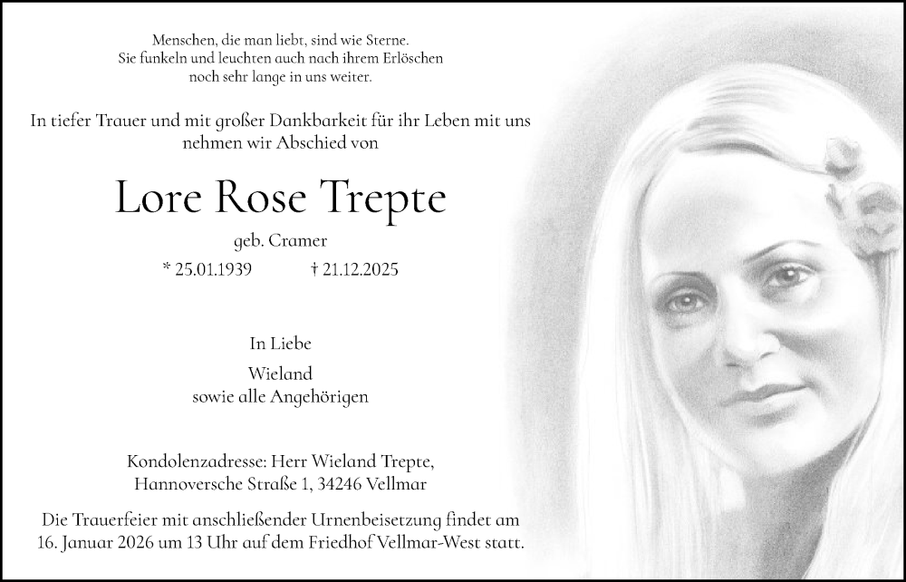  Traueranzeige für Lore Rose Trepte vom 10.01.2026 aus HNAHNA