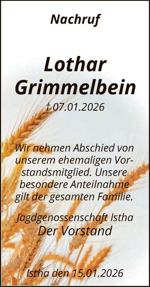 Traueranzeige von Lothar Grimmelbein von HNA