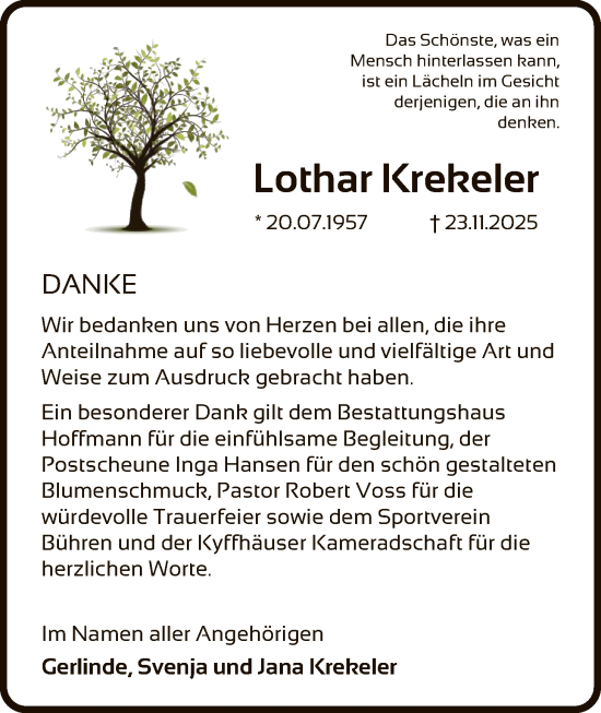Traueranzeige von Lothar Krekeler von HNA