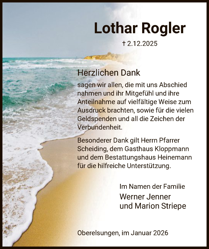  Traueranzeige für Lothar Rogler vom 17.01.2026 aus HNA