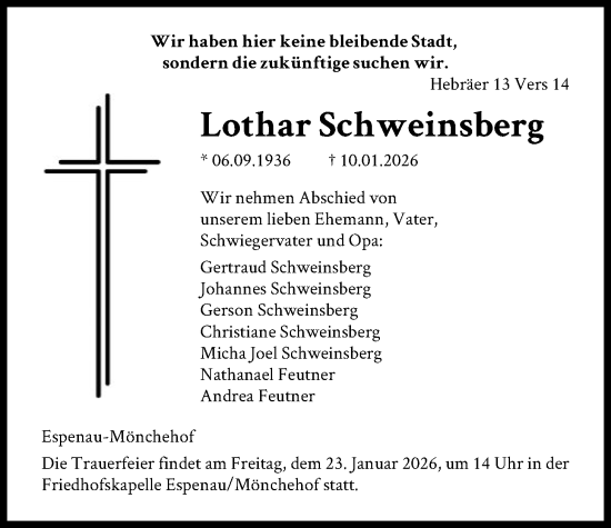 Traueranzeige von Lothar Schweinsberg von HNA