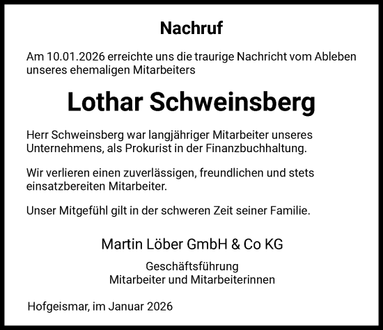 Traueranzeige von Lothar Schweinsberg von HNA