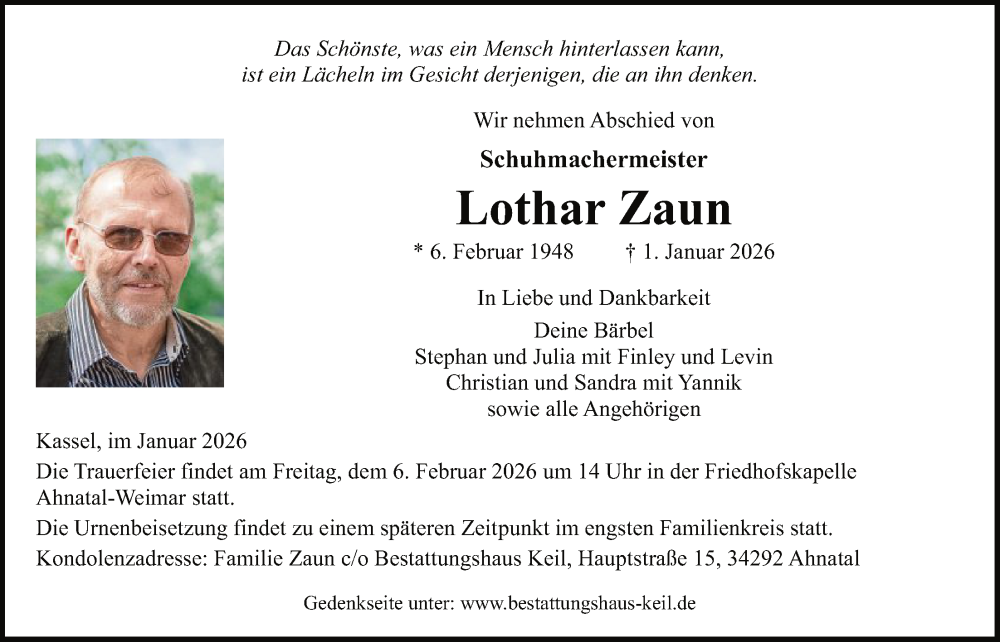  Traueranzeige für Lothar Zaun vom 31.01.2026 aus HNA
