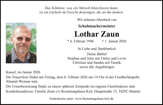 Traueranzeige von Lothar Zaun von HNA