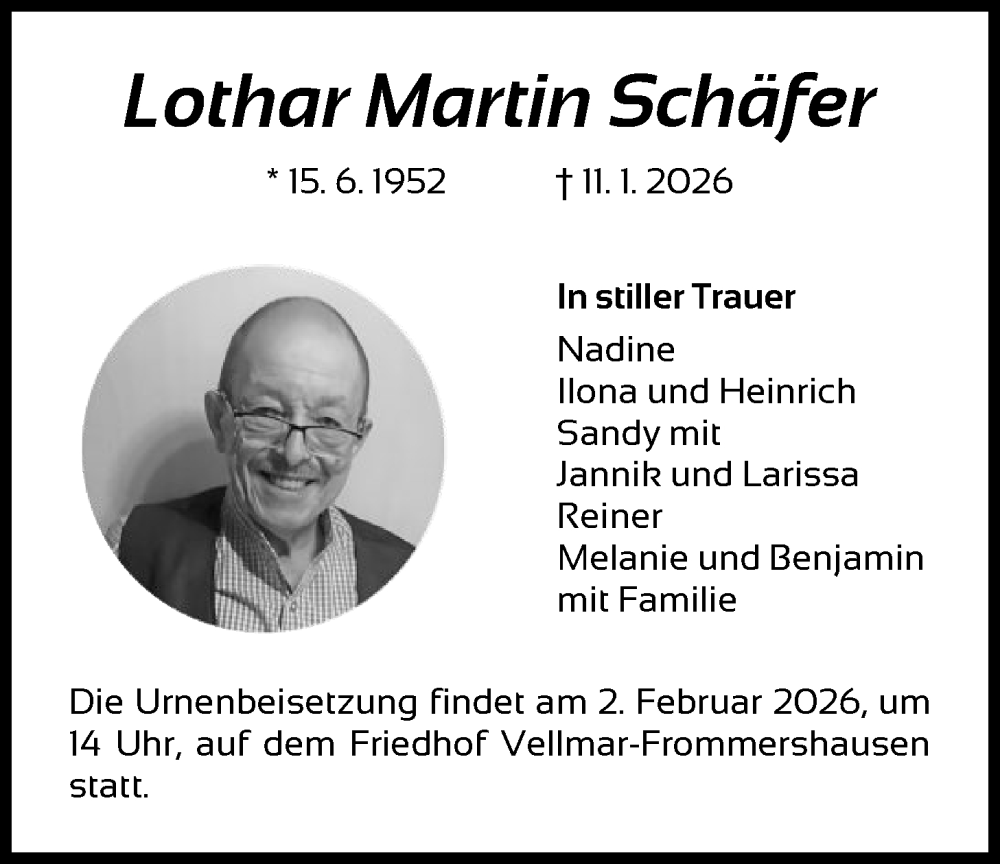  Traueranzeige für Lothar Martin Schäfer vom 24.01.2026 aus HNA