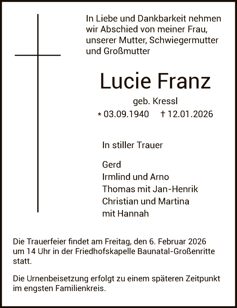  Traueranzeige für Lucie Franz vom 31.01.2026 aus HNA
