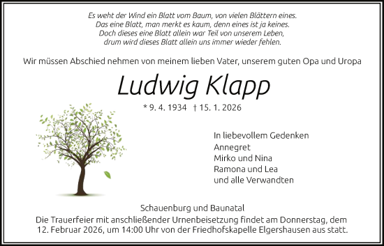 Traueranzeige von Ludwig Klapp von HNA