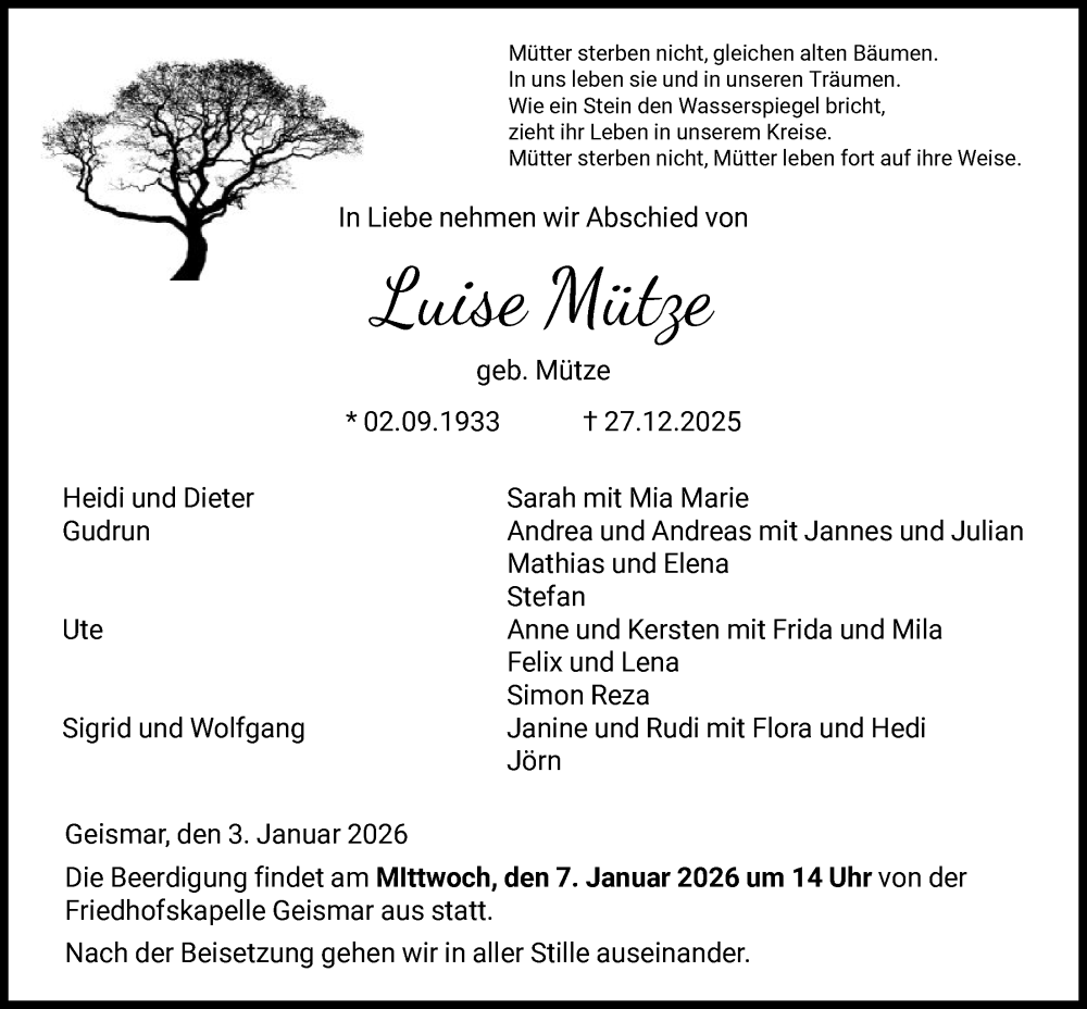  Traueranzeige für Luise Mütze vom 03.01.2026 aus HNA