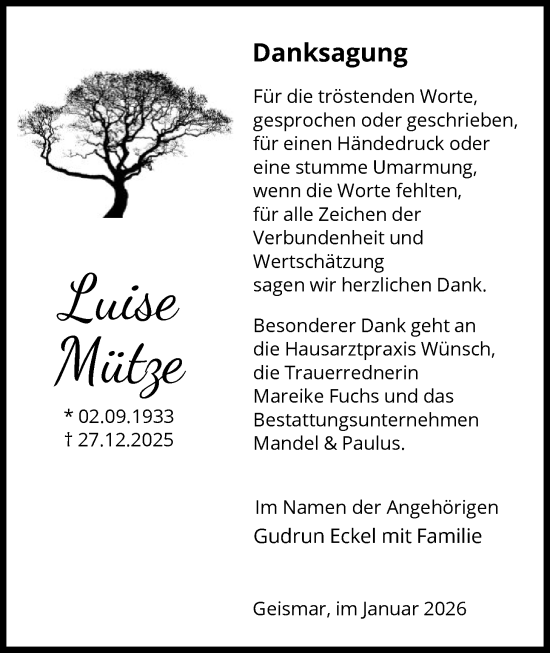 Traueranzeige von Luise Mütze von HNA