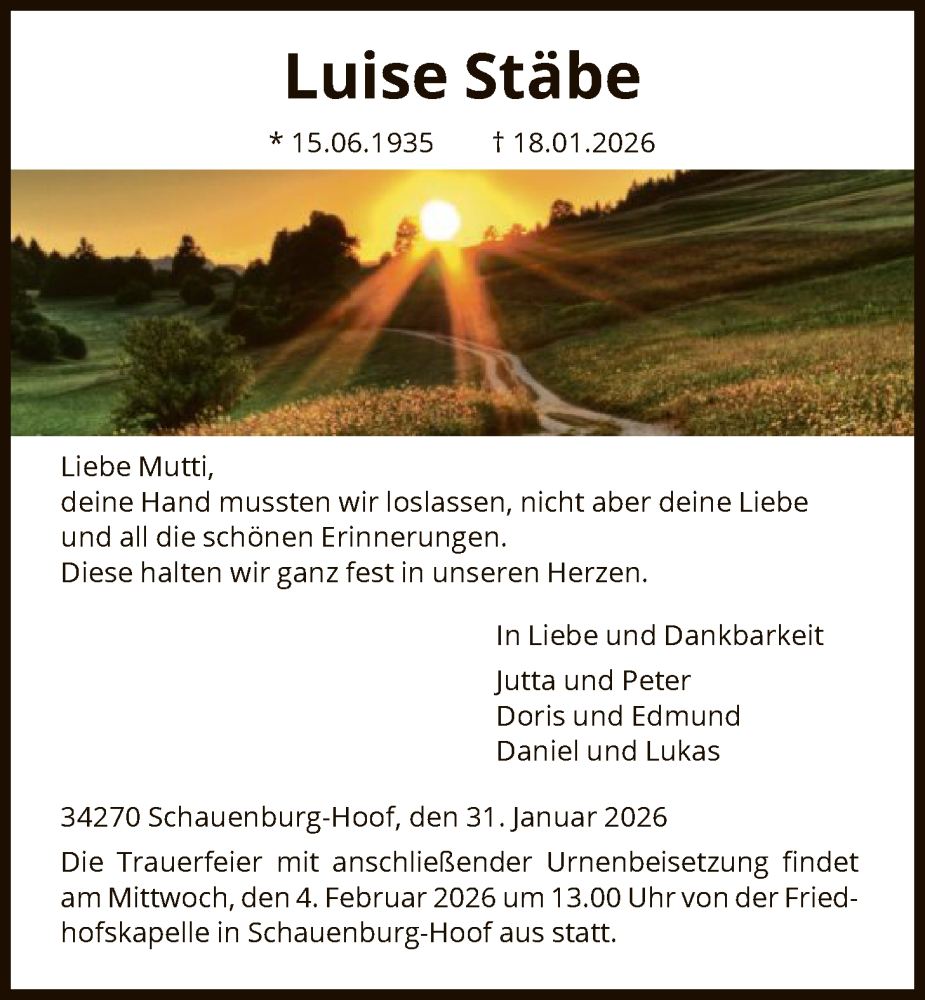  Traueranzeige für Luise Stäbe vom 31.01.2026 aus HNA