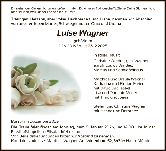 Traueranzeige von Luise Wagner von HNA