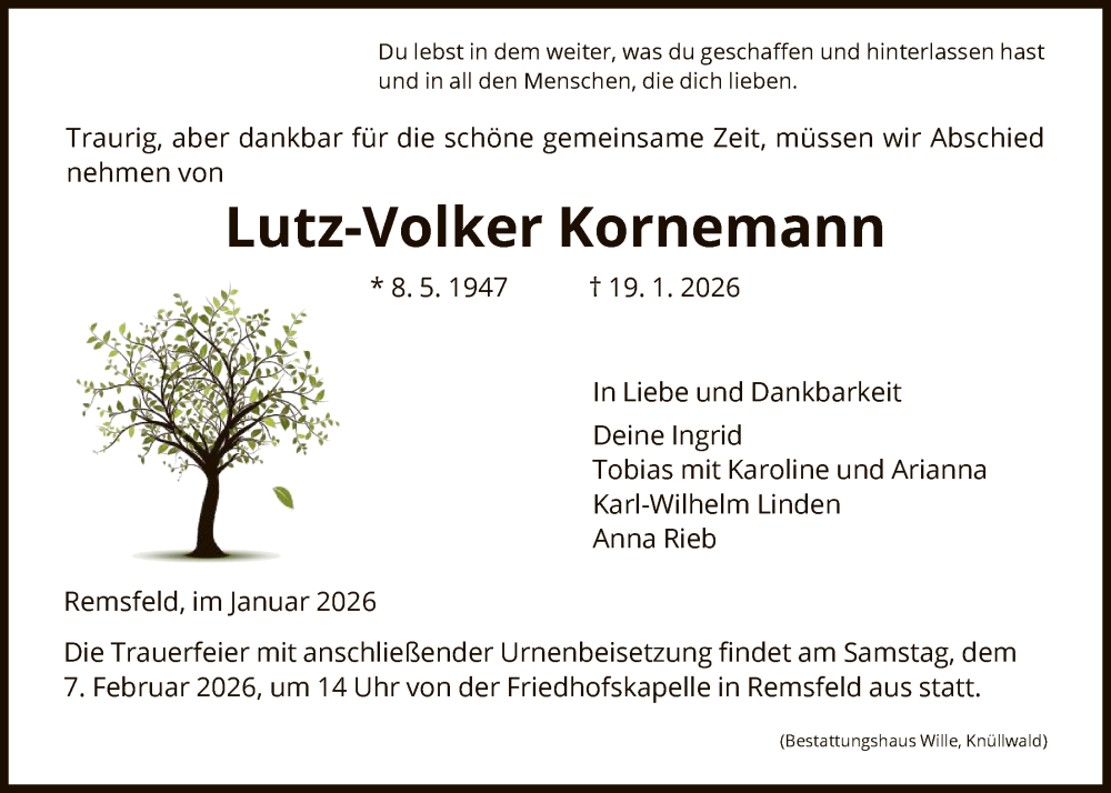  Traueranzeige für Lutz-Volker Kornemann vom 31.01.2026 aus HNA