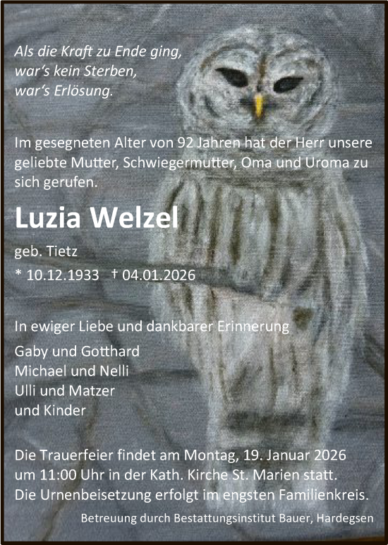 Traueranzeige von Luzia Welzel von HNA