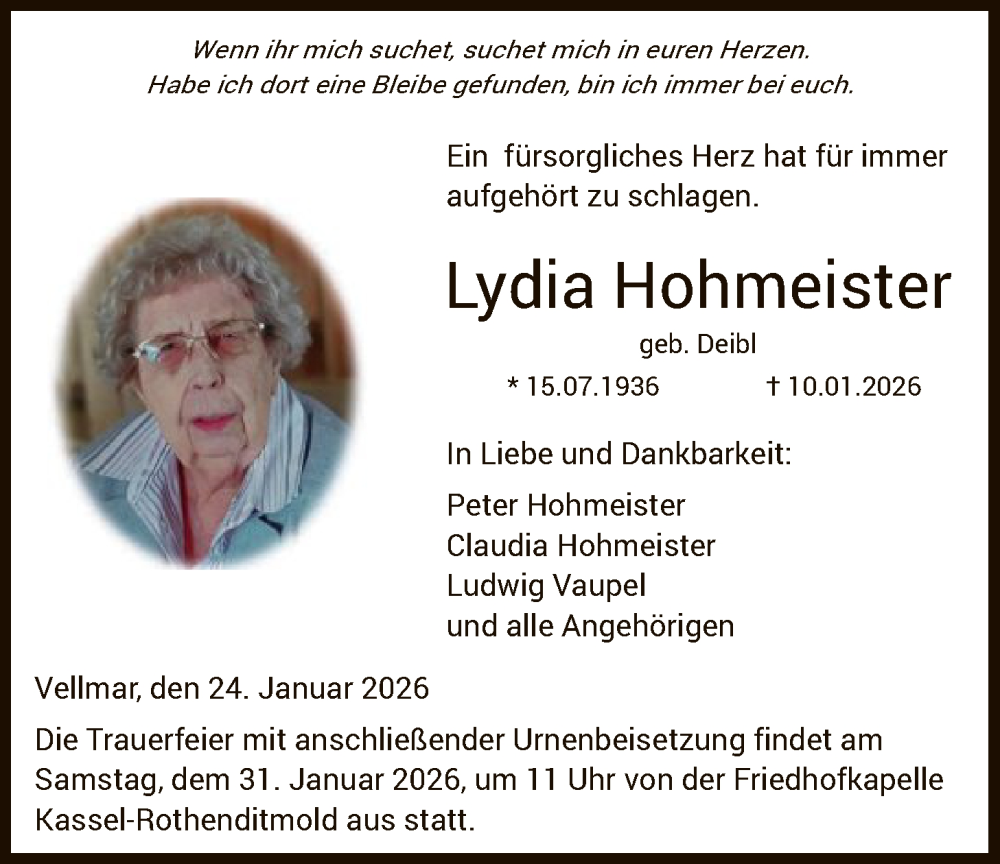  Traueranzeige für Lydia Hohmeister vom 24.01.2026 aus HNA