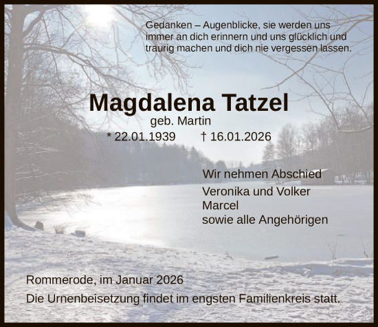 Traueranzeige von Magdalena Tatzel von HNA