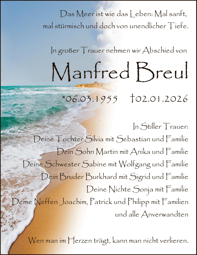  Traueranzeige für Manfred Breul vom 10.01.2026 aus HNAHNA