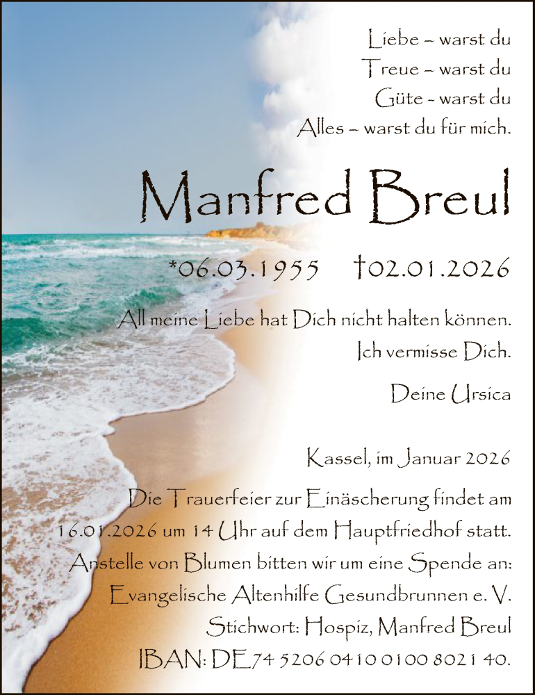  Traueranzeige für Manfred Breul vom 10.01.2026 aus HNAHNA