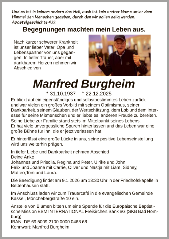 Traueranzeige von Manfred Burgheim von HNA