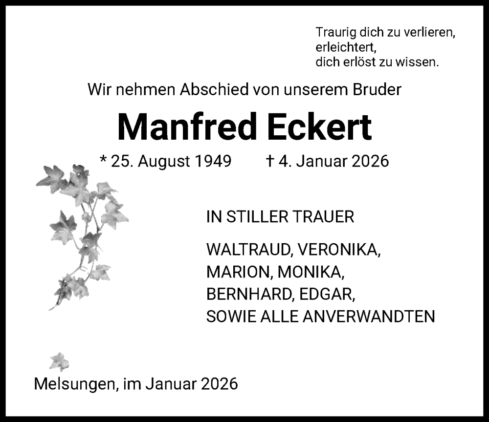  Traueranzeige für Manfred Eckert vom 20.01.2026 aus HNA