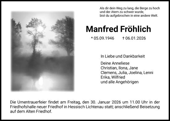 Traueranzeige von Manfred Fröhlich von HNA