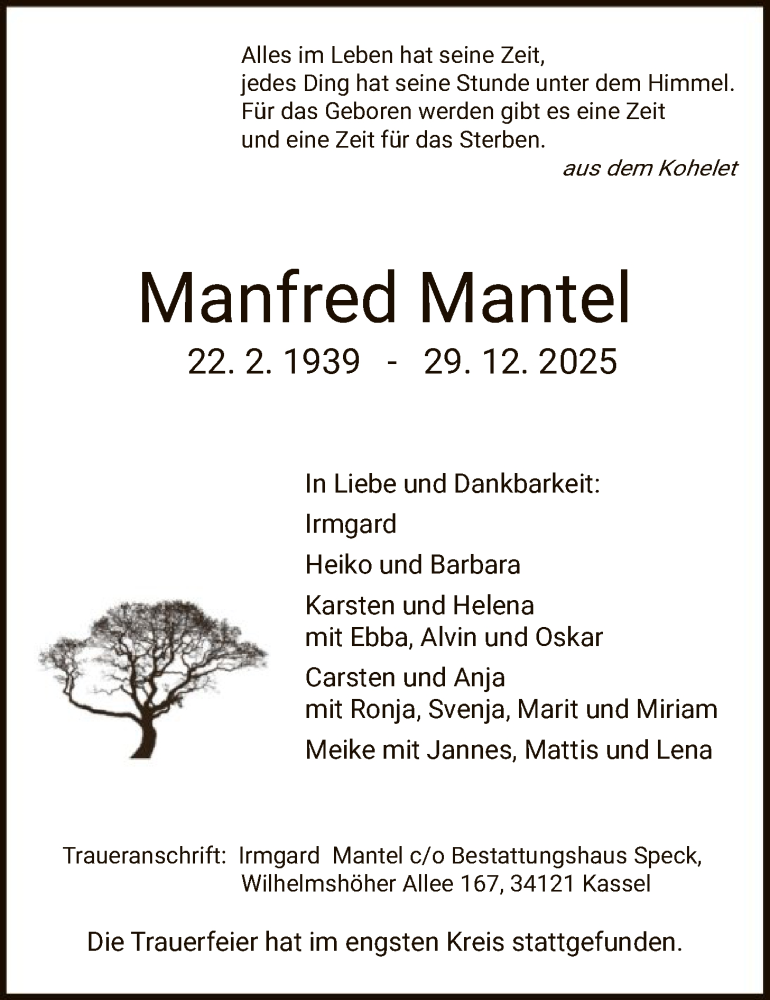  Traueranzeige für Manfred Mantel vom 10.01.2026 aus HNAHNA
