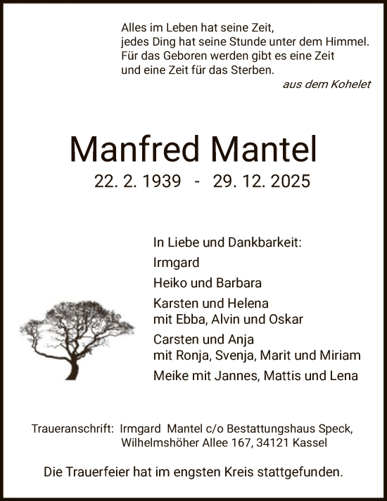 Traueranzeige von Manfred Mantel von HNAHNA