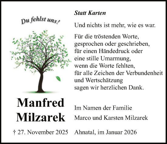 Traueranzeige von Manfred Milzarek von HNAHNA