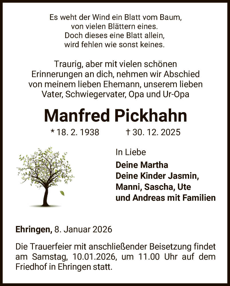 Traueranzeige für Manfred Pickhahn vom 08.01.2026 aus HNA