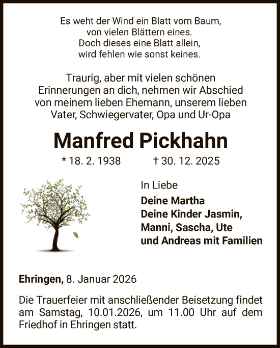 Traueranzeige von Manfred Pickhahn von HNA