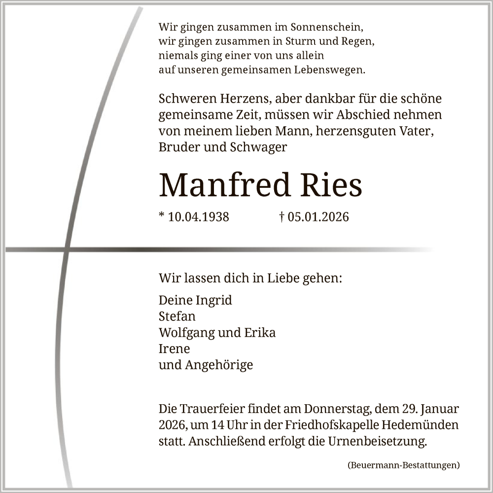  Traueranzeige für Manfred Ries vom 24.01.2026 aus HNA