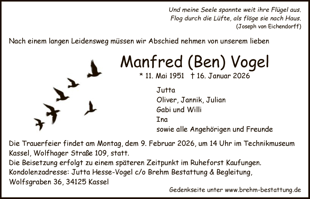  Traueranzeige für Manfred Vogel vom 31.01.2026 aus HNA