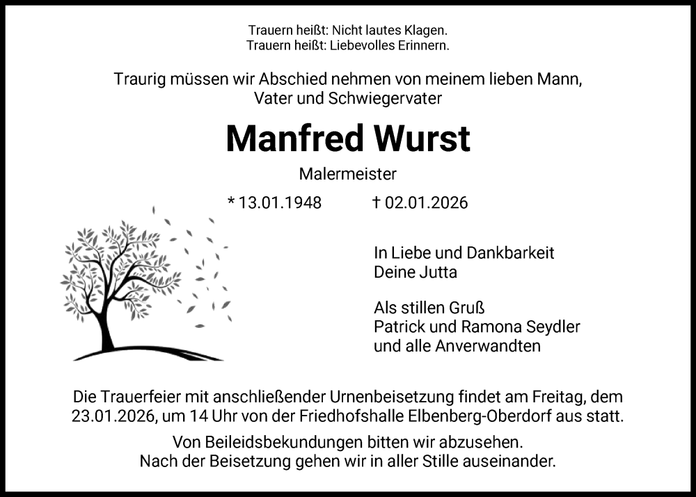  Traueranzeige für Manfred Wurst vom 17.01.2026 aus HNA