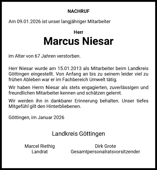 Traueranzeige von Marcus Niesar von HNA