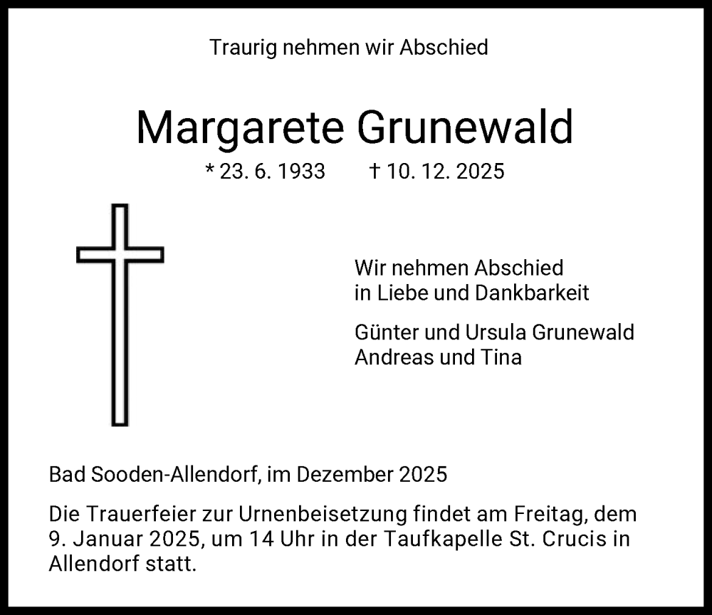  Traueranzeige für Margarete Grunewald vom 03.01.2026 aus HNA