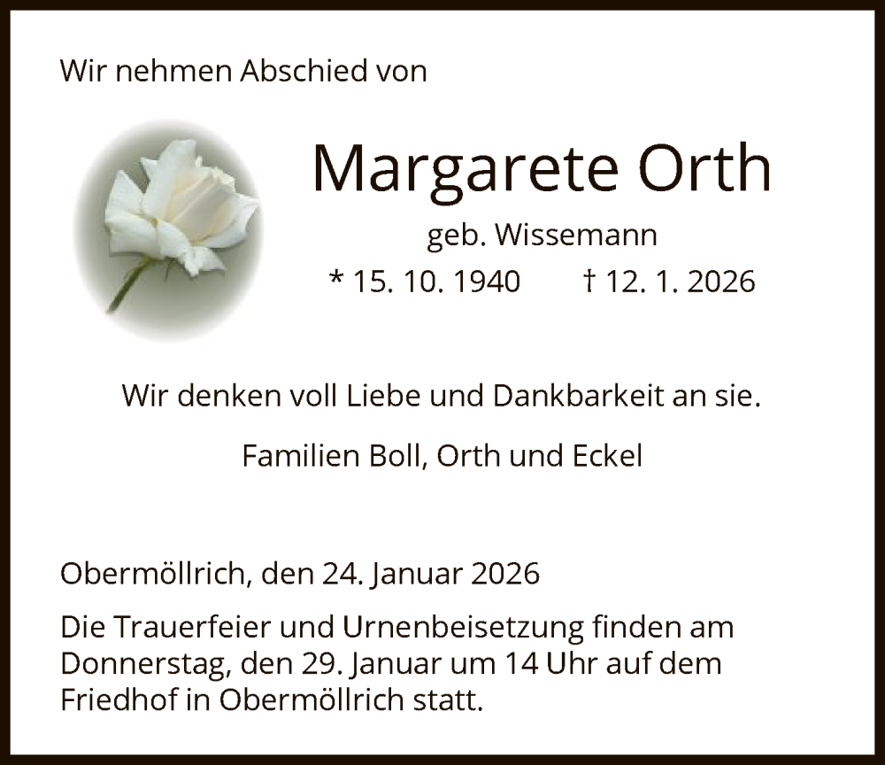  Traueranzeige für Margarete Orth vom 24.01.2026 aus HNA