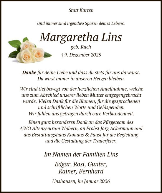 Traueranzeige von Margaretha Lins von HNA