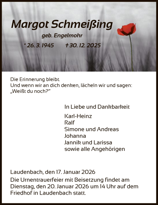 Traueranzeige von Margot Schmeißing von HNA