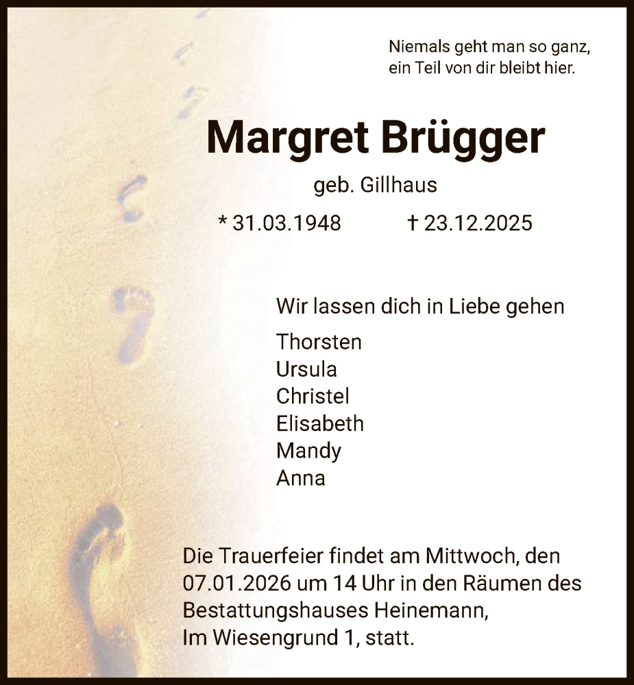  Traueranzeige für Margret Brügger vom 03.01.2026 aus HNA