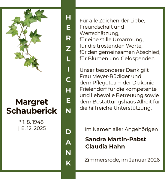 Traueranzeige von Margret Schauberick von HNA