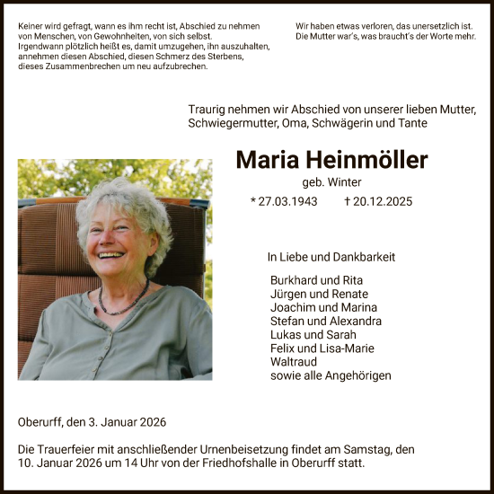 Traueranzeige von Maria Heinmöller von HNA