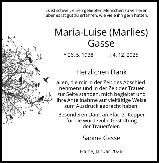 Traueranzeige von Maria-Luise Gasse von HNA