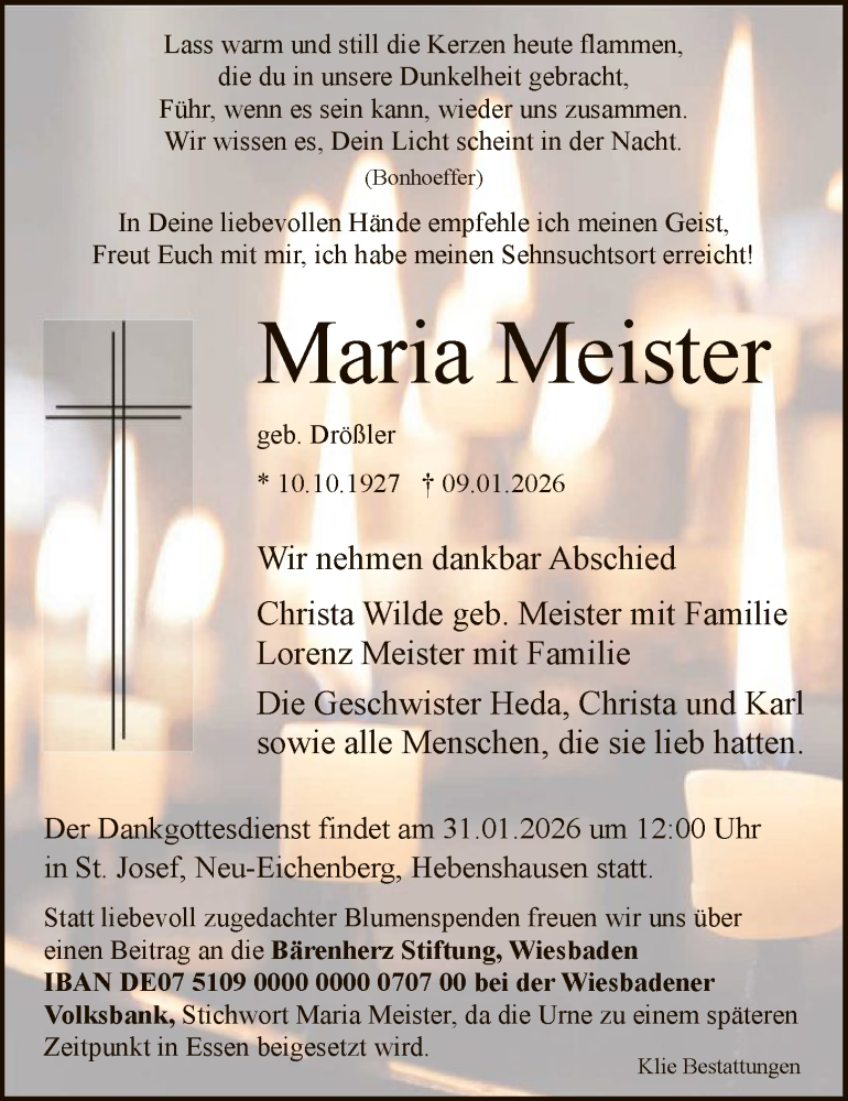  Traueranzeige für Maria Meister vom 27.01.2026 aus HNA