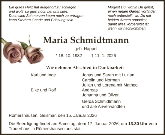 Traueranzeige von Maria Schmidtmann von HNA