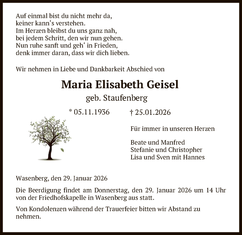 Traueranzeige für Maria Elisabeth Geisel vom 28.01.2026 aus HNA