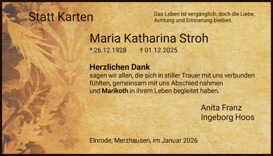 Traueranzeige von Maria Katharina Stroh von HNA