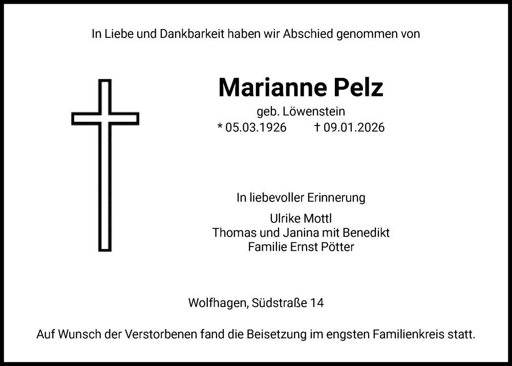 Traueranzeige für Marianne Pelz vom 31.01.2026 aus HNA