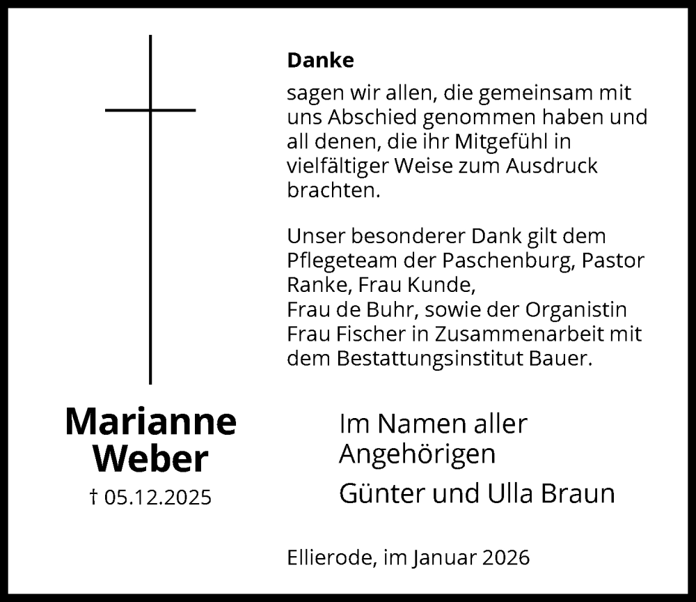  Traueranzeige für Marianne Weber vom 17.01.2026 aus HNA