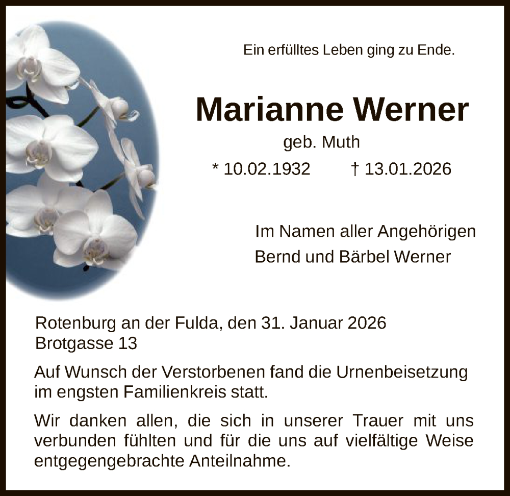  Traueranzeige für Marianne Werner vom 31.01.2026 aus HNA