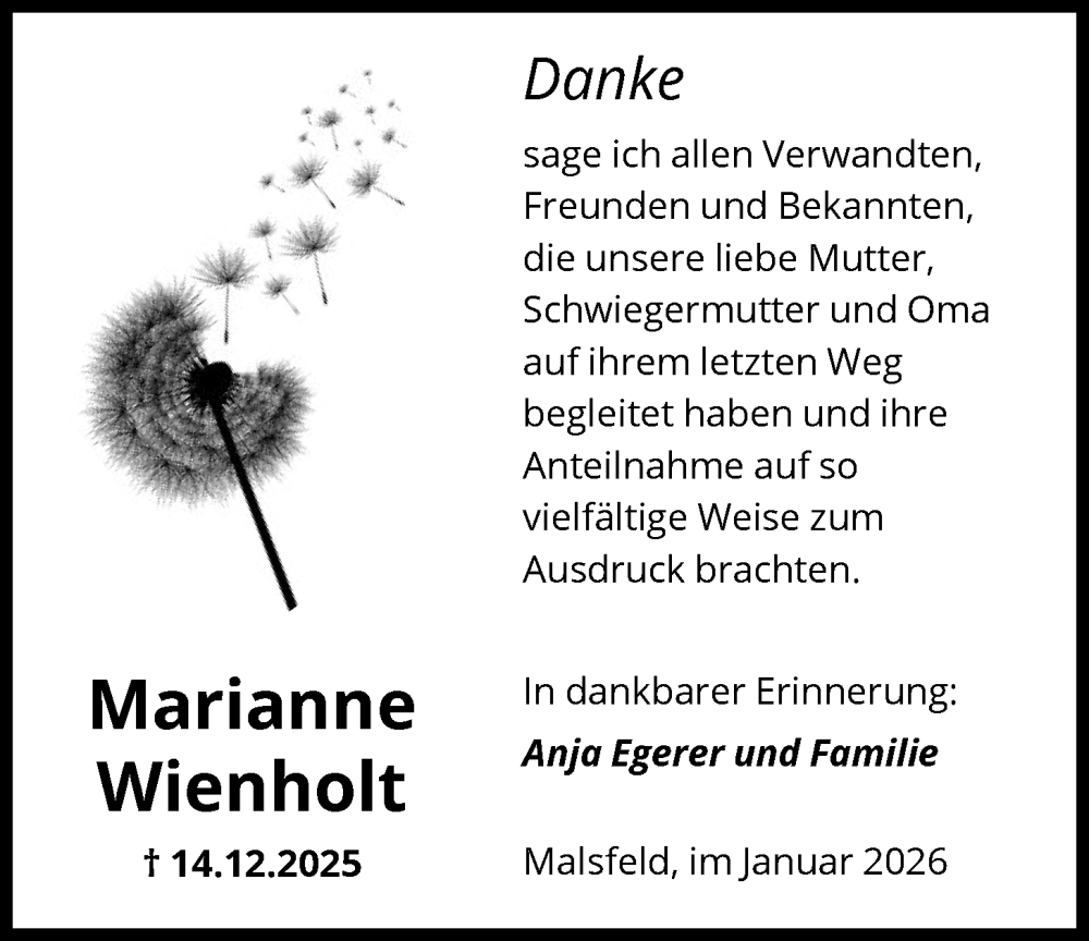  Traueranzeige für Marianne Wienholt vom 17.01.2026 aus HNA